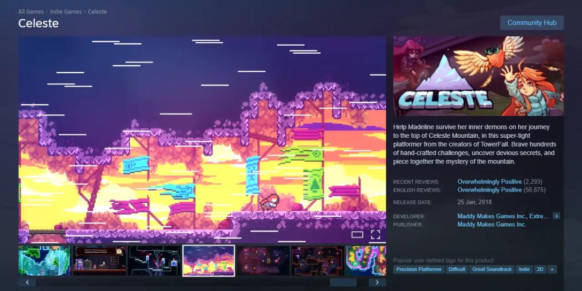 Zrzut ekranu strony gry Celeste w sklepie Steam, przedstawiający zdjęcia z rozgrywki oraz szczegóły produktu.
