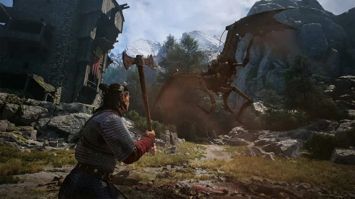 Wojownik z dużym toporem staje naprzeciw skrzydlatego stworzenia w górskim krajobrazie z gry The Blood of Dawnwalker.