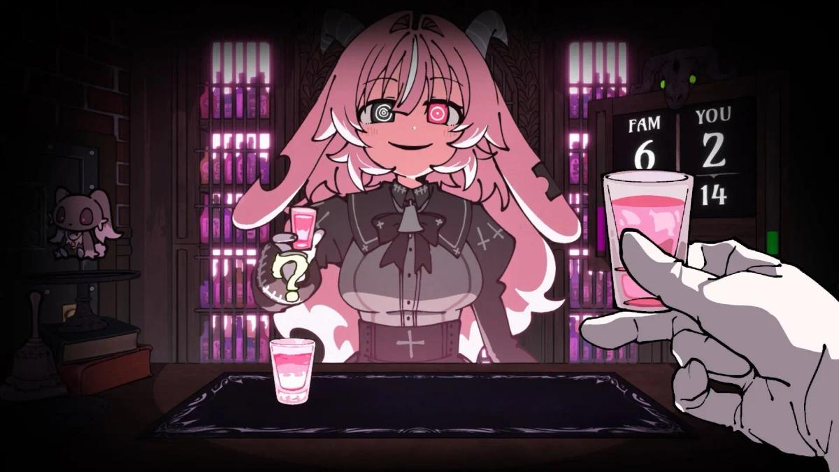 Zrzut ekranu z rozgrywki w Drunken Goddess Reflux przedstawiający różowowłosą postać w stylu anime podczas gry w picie.