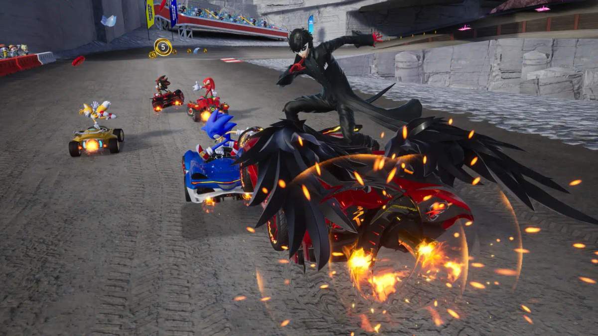 Rozgrywka z Sonic Racing: CrossWorlds przedstawiająca Sonica i inne postacie z crossovera ścigające się samochodami.